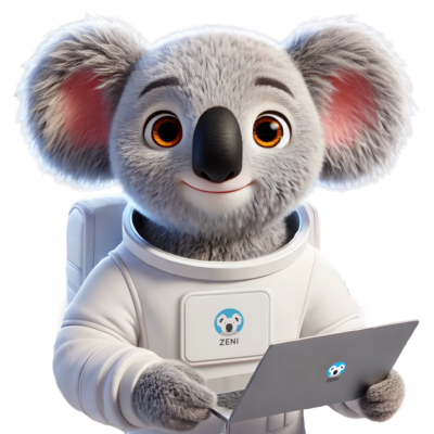 Maskot Zeni pracuje s laptopem wpsprava pro WordPress weby.