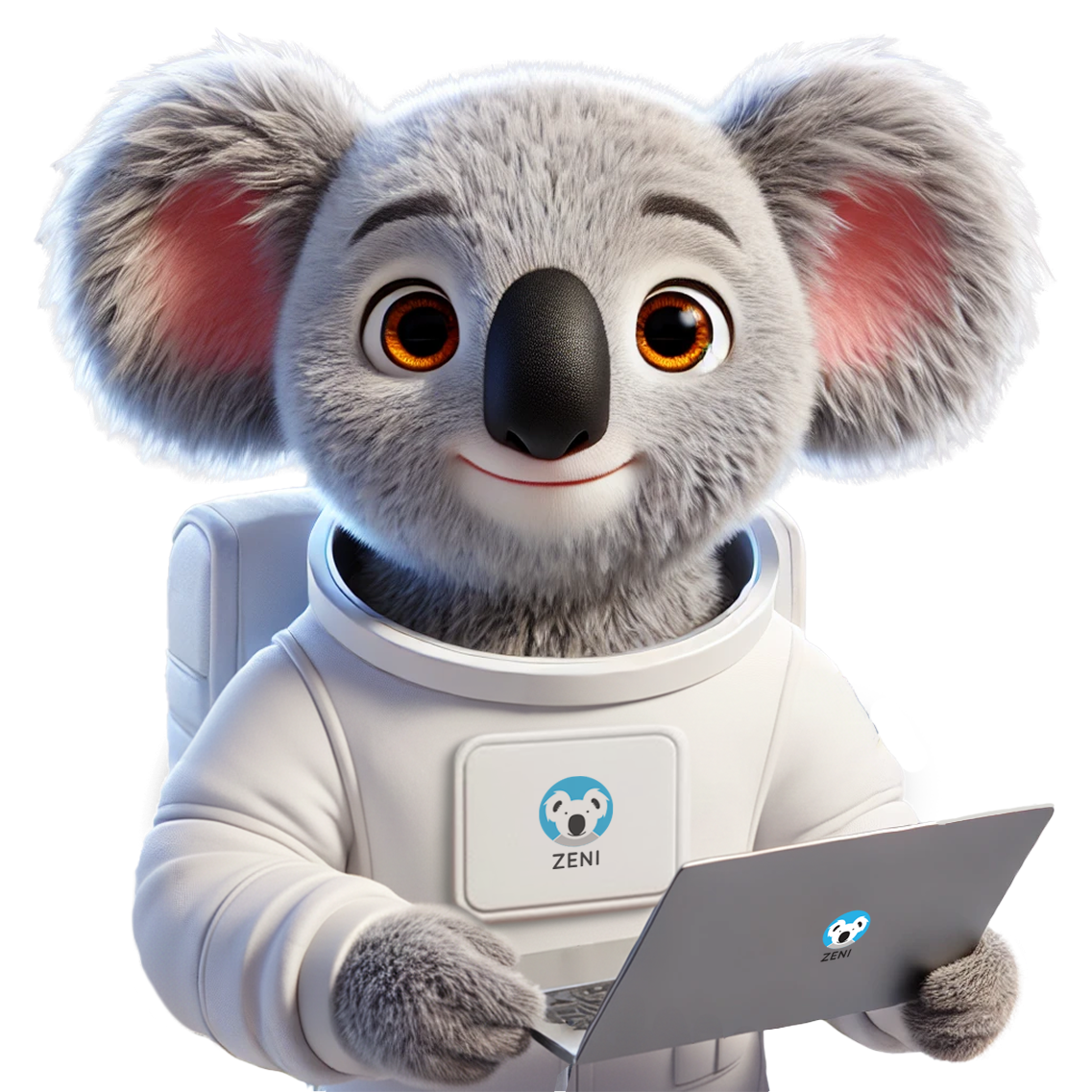 Maskot Zeni pracuje s laptopem wpsprava pro WordPress weby.